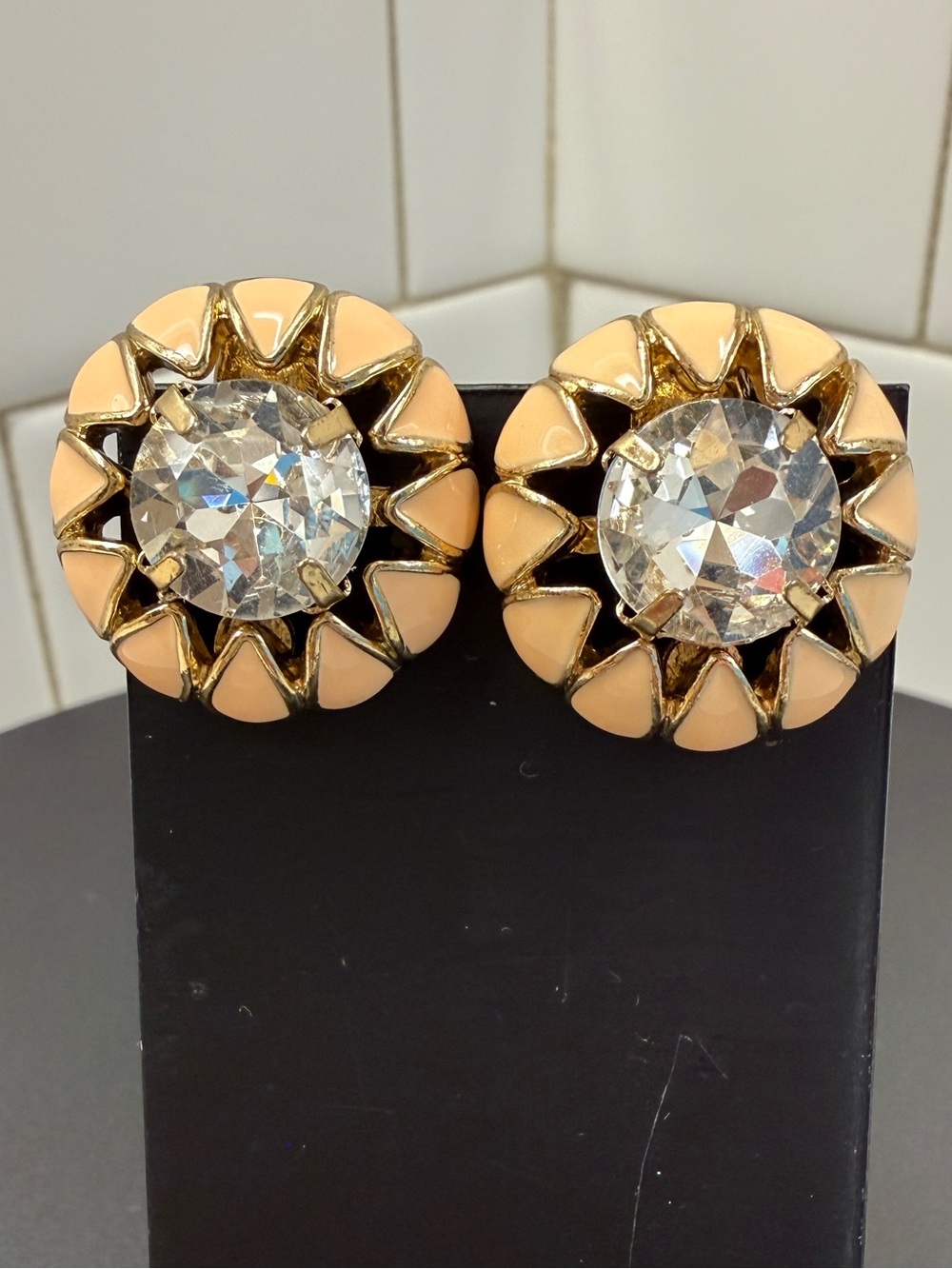 Peach Enamel & Crystal Sunburst Clip-on Earrings